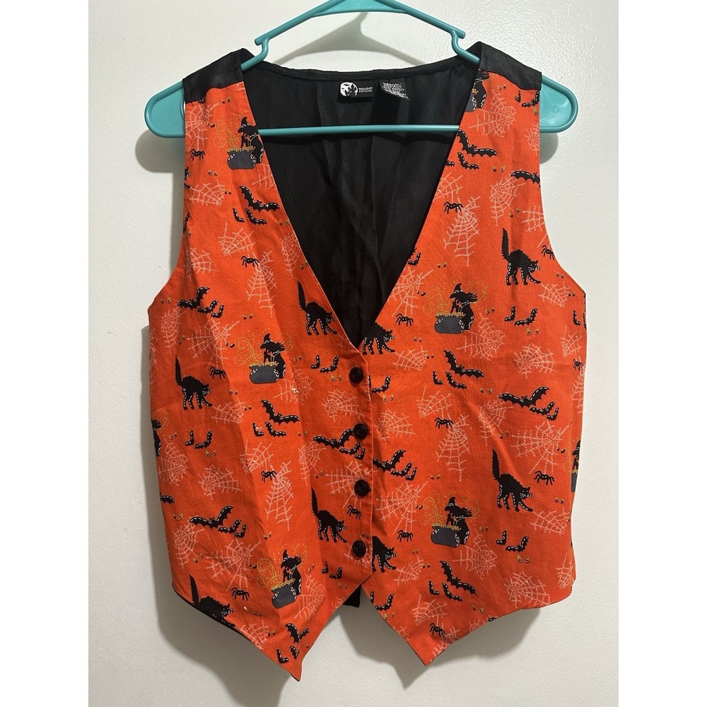 Vintage 90s Halloween Vest Holiday Editions Witch Black Cat Spider Web Bat Fire